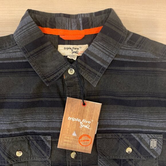 Triple Five Soul Men's Medium heavy cotton button down shirt striped pattern NWT - Picture 4 of 10